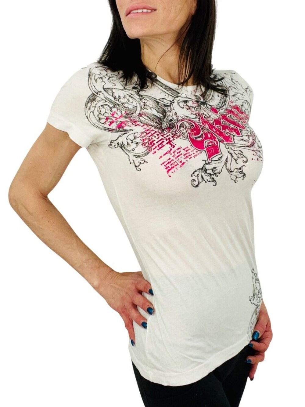 RARE Vintage 90s SKIN Fitted Metallic Tattoo Graphic Logo Tee | Y2K - Picture 5 of 16